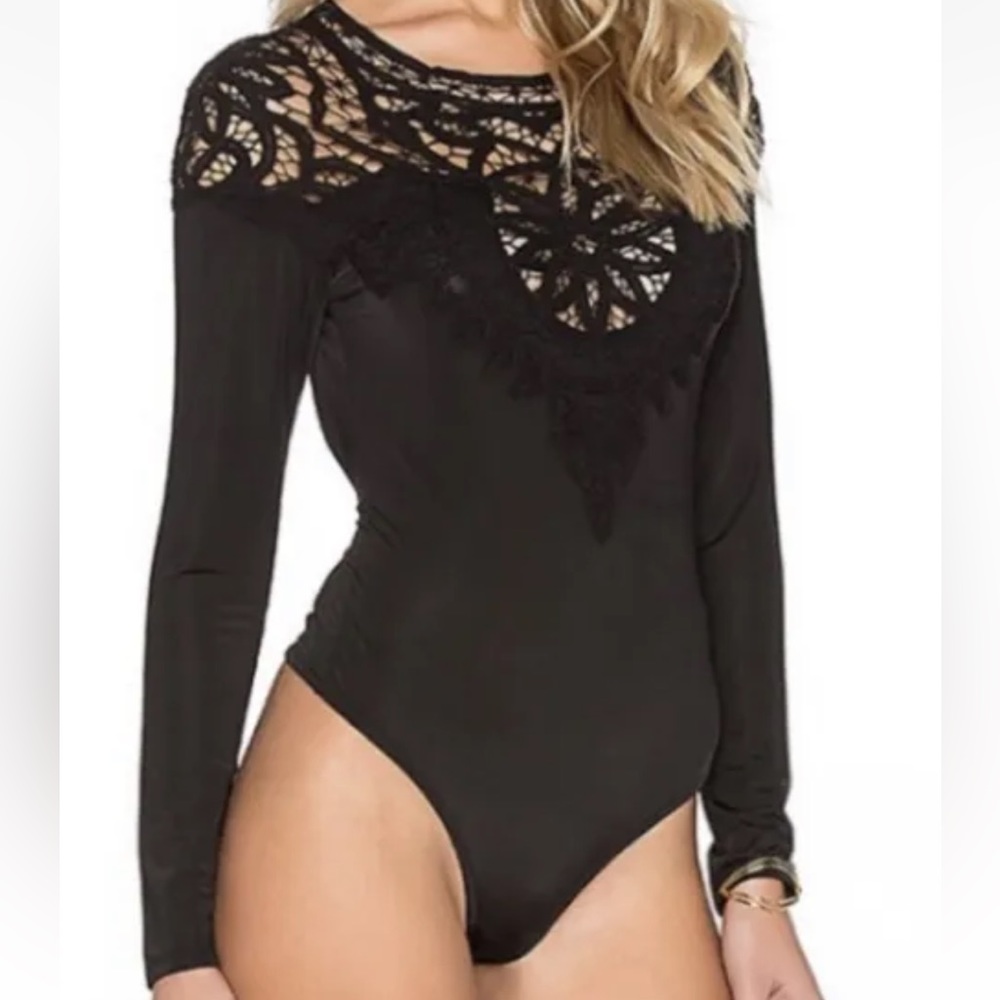 For Love And Lemons Penelope Open Back Black Lace Bodysuit Size L